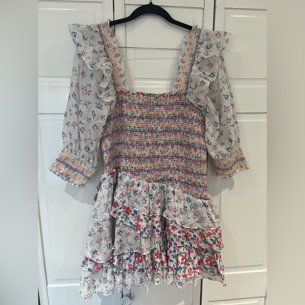 EUC Loveshackfancy Tiered Golden Mini Dress in Multi Cream Symphony - Picture 7 of 7